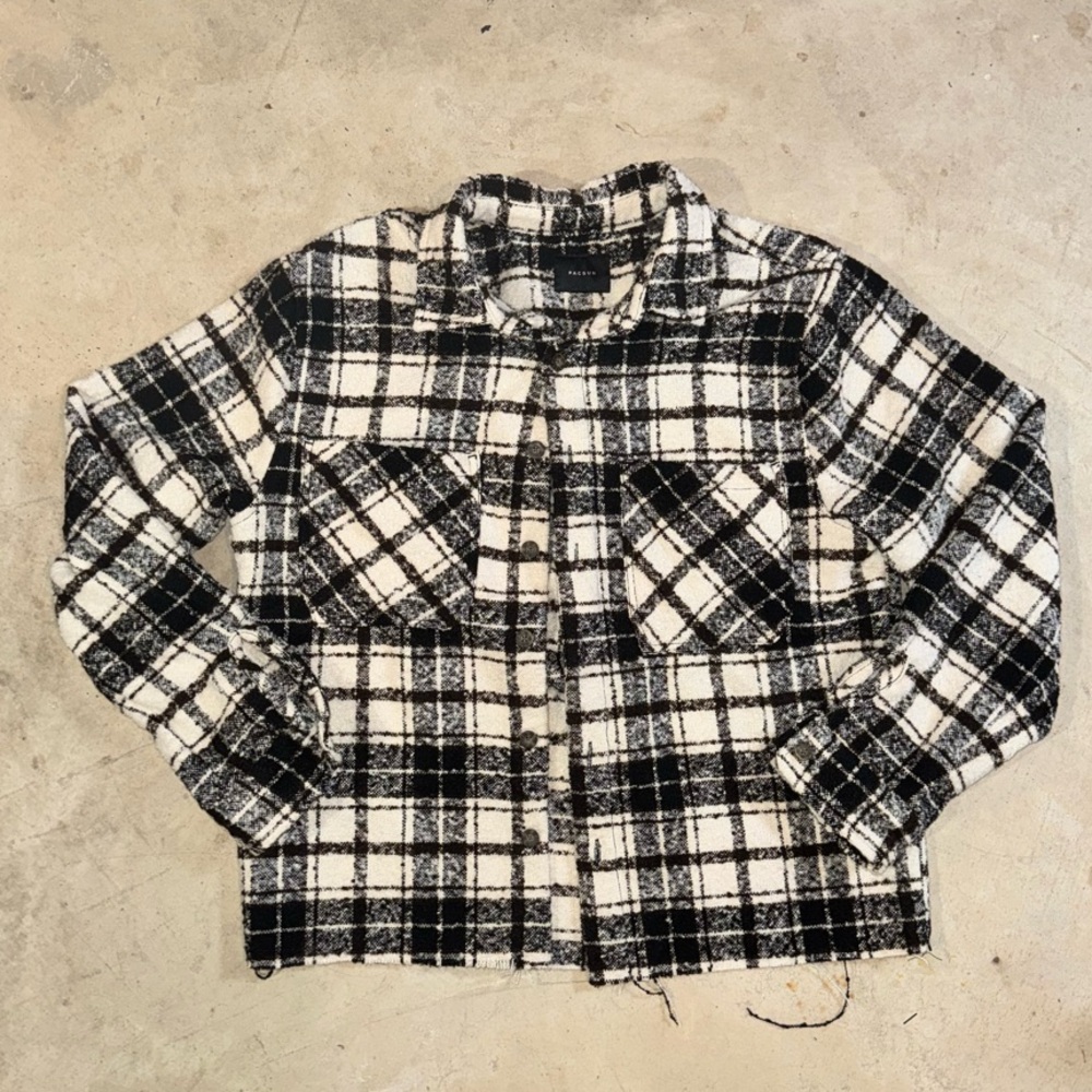 Oversized Distressed Cream/Black/White/Beige Flannel Shirt Jacket Size Small